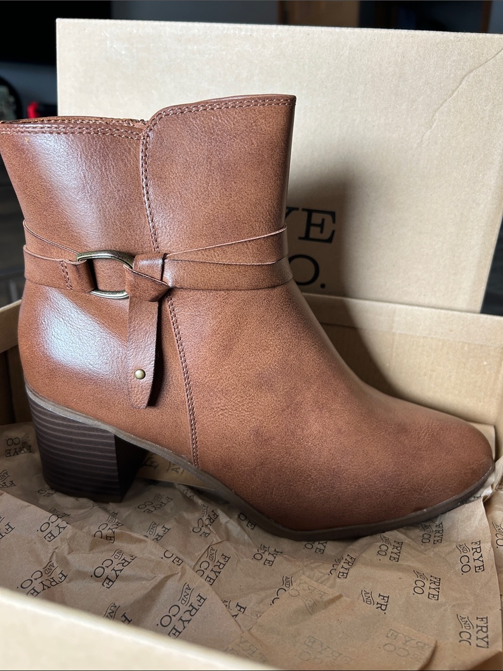 FRYE AND CO. Tan Brown Ankle Boot with Strap and Ring Detail